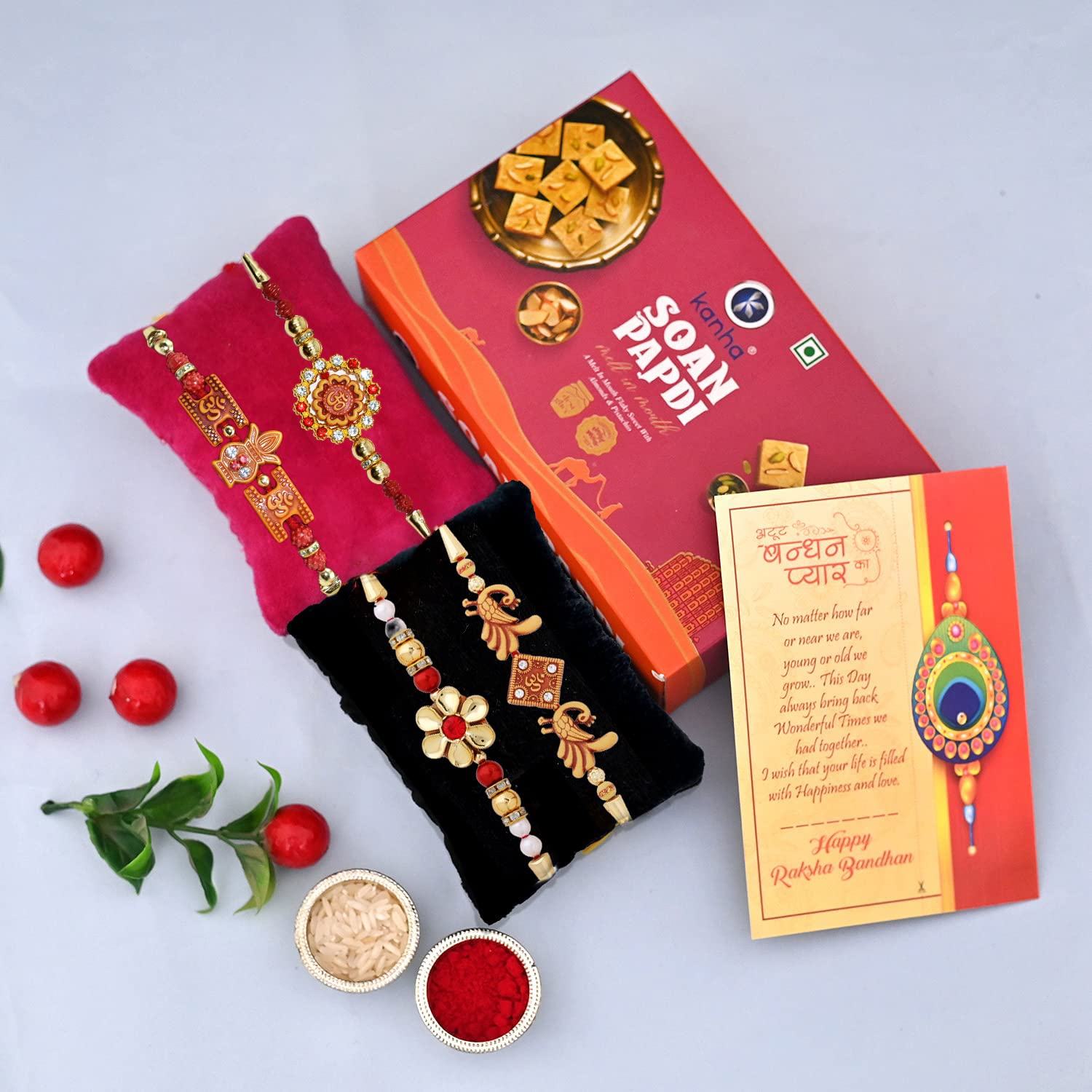 Set of 4 Rakhi Combo with Soan Papdi Gift