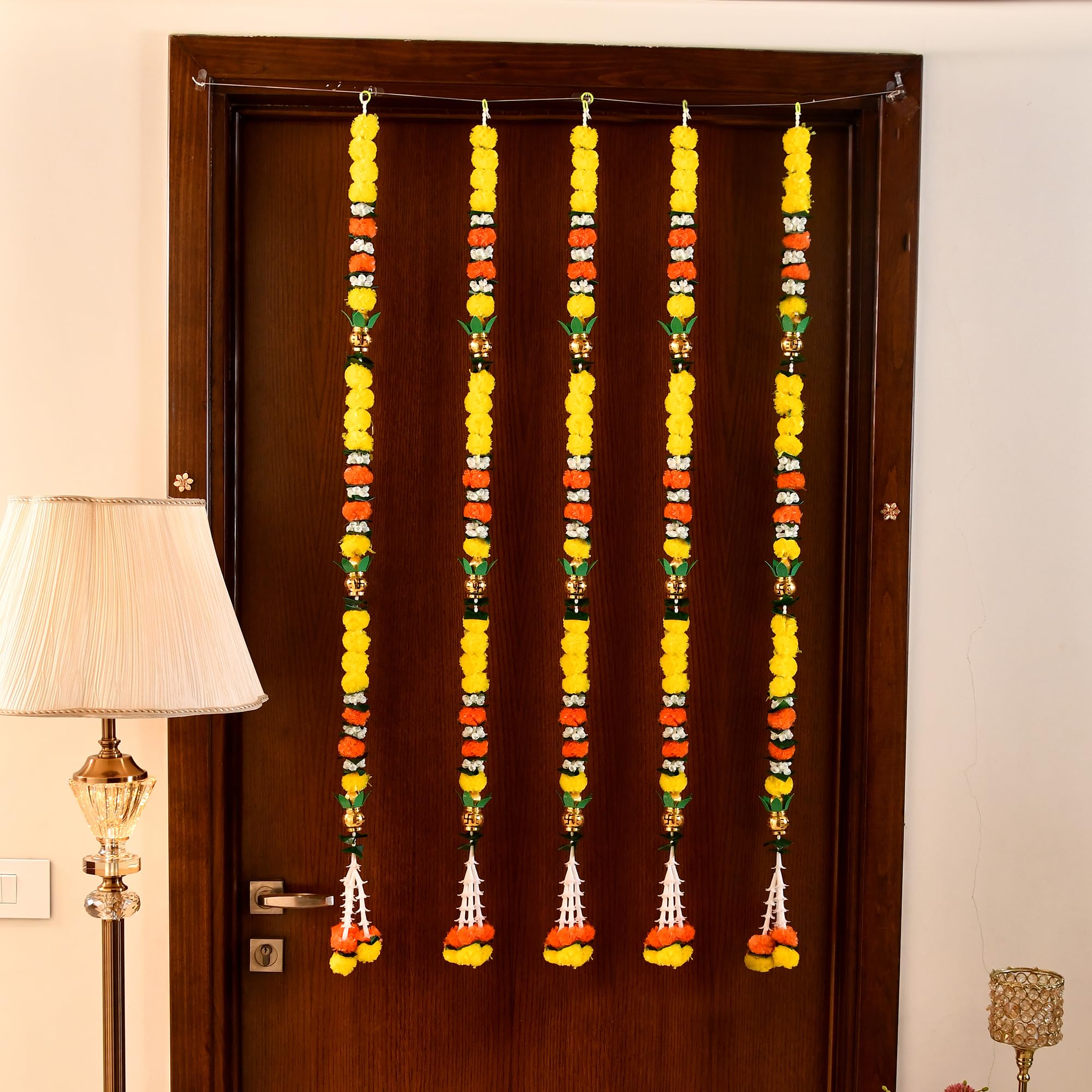 Pack of 5 Artificial Fluffy Marigold Flower Mogra Jasmine Strings Hanging Latkan ( LTKN153-5 )