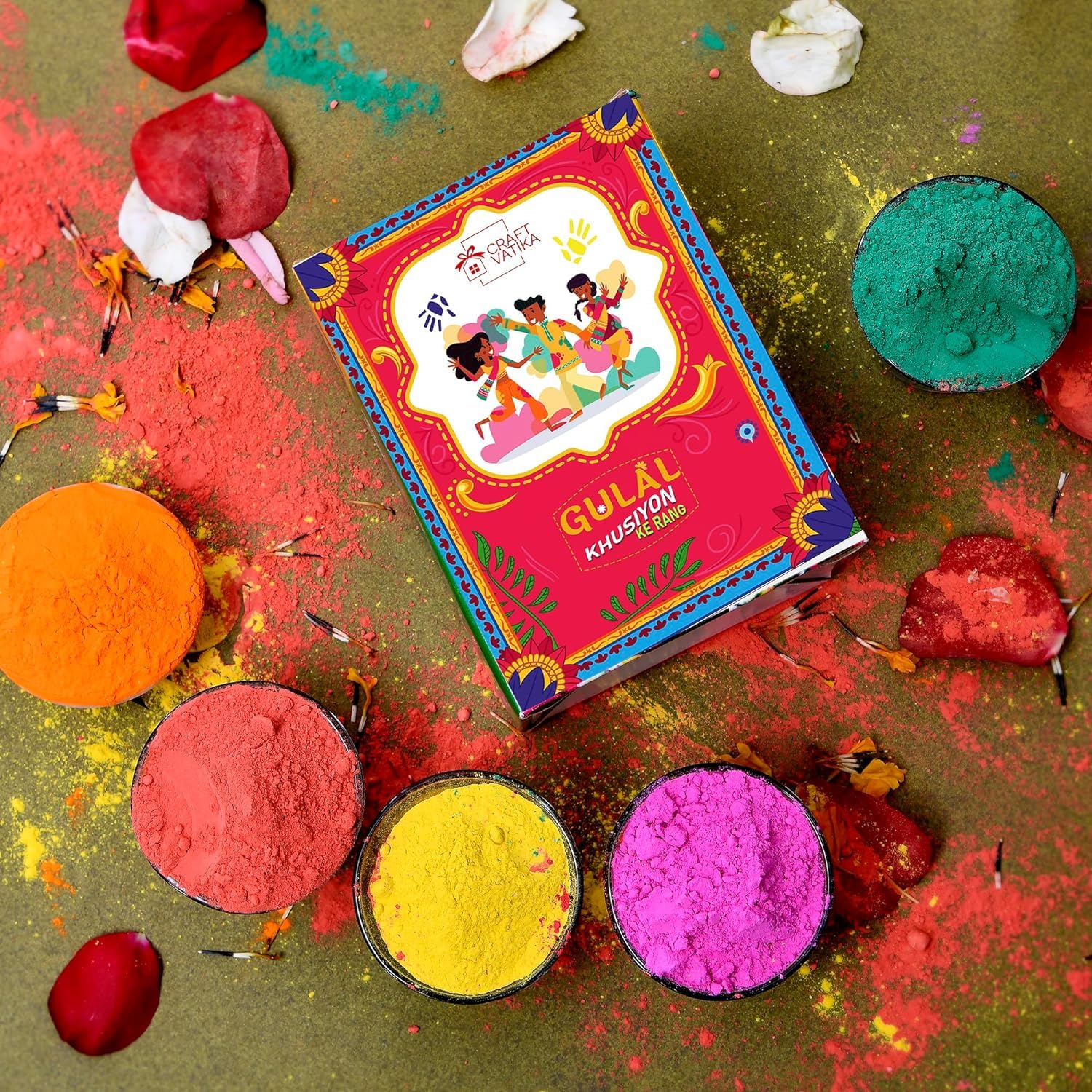 Natural Holi Colour - Organic Holi Gulal - Orange | Yellow | Red | Pink and Green - Holi Items- Pack of 5-80gm x 5 Holi Gift Pack-for Family