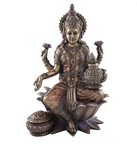 Bronze Goddess Lakshmi Maa Idol Sitting on Lotus Statue