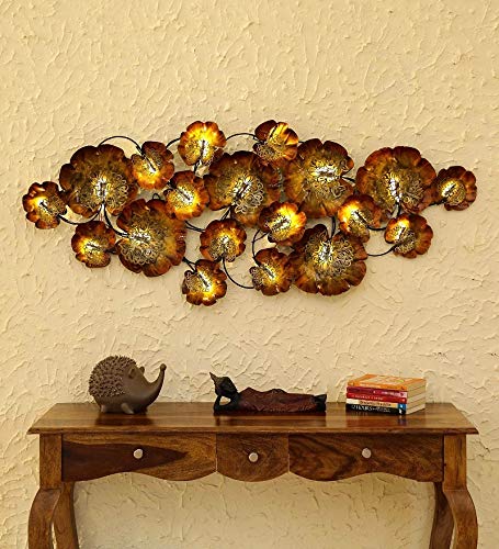 Metal 3D Brown Golden Flower With LED Lights Wall Hanging Showpiece