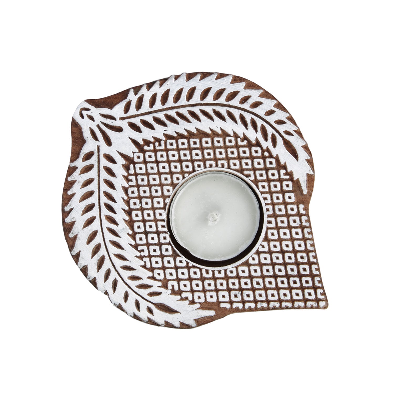 Wooden Block Printed Leaf Shaped Tealight Holder Tcmh375