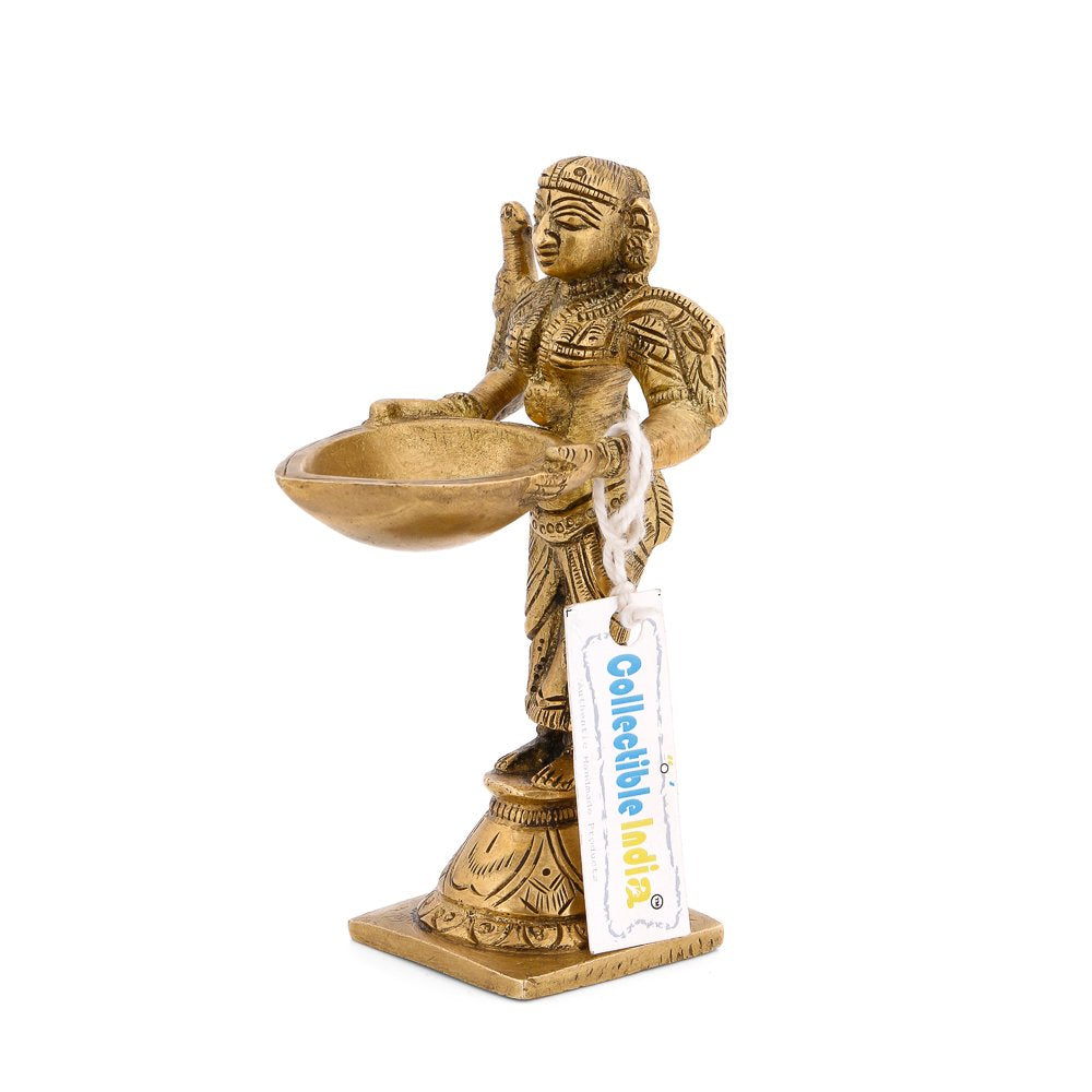 Brass Lady Holding Diya Oil Lamp Stand Showpiece