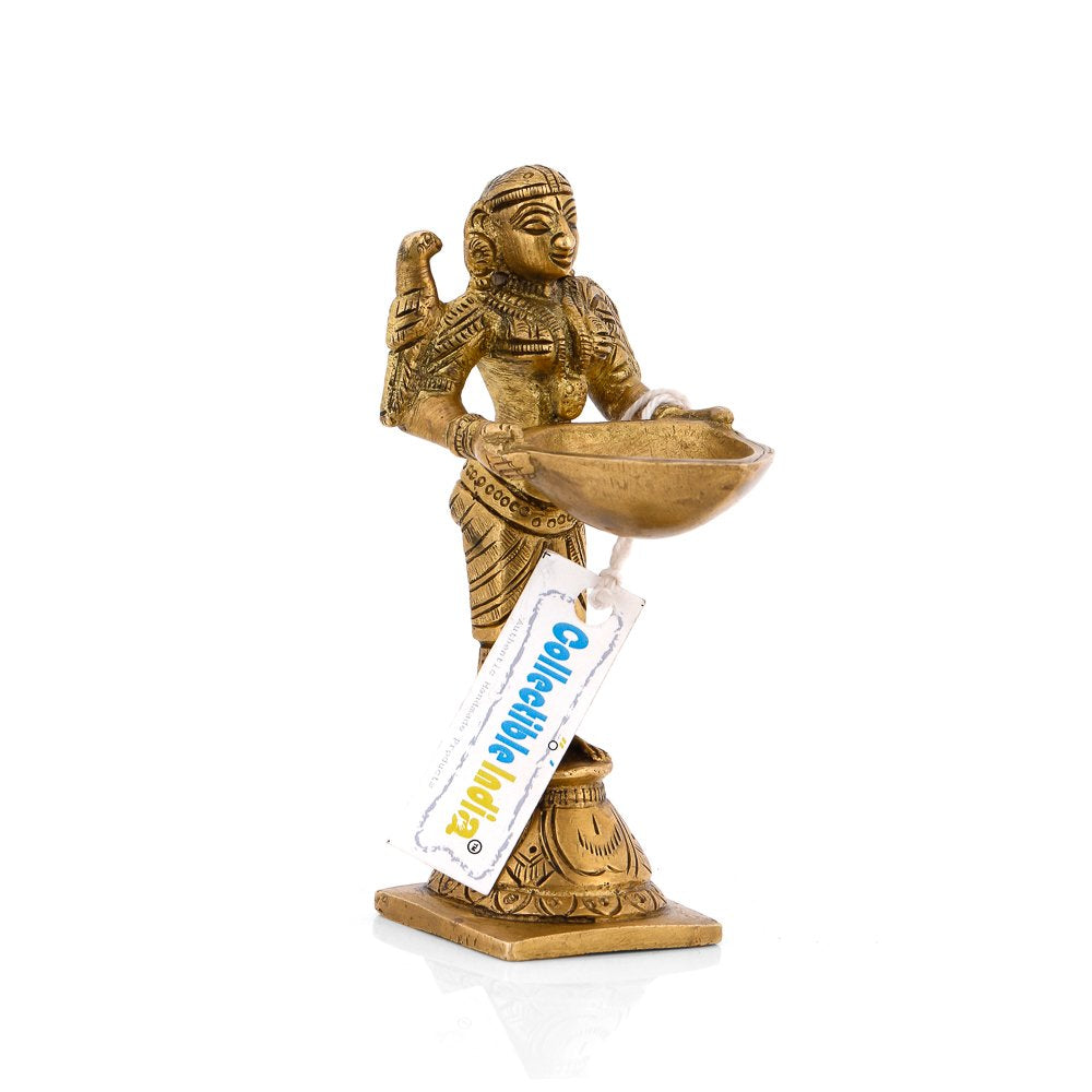 Brass Lady Holding Diya Oil Lamp Stand Showpiece