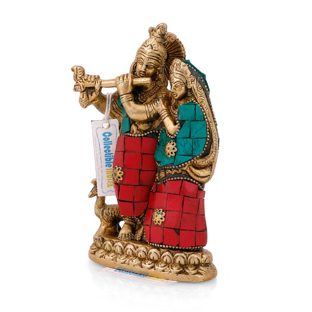 Radha Krishna Brass Divine Idol With Stone Work Figurine