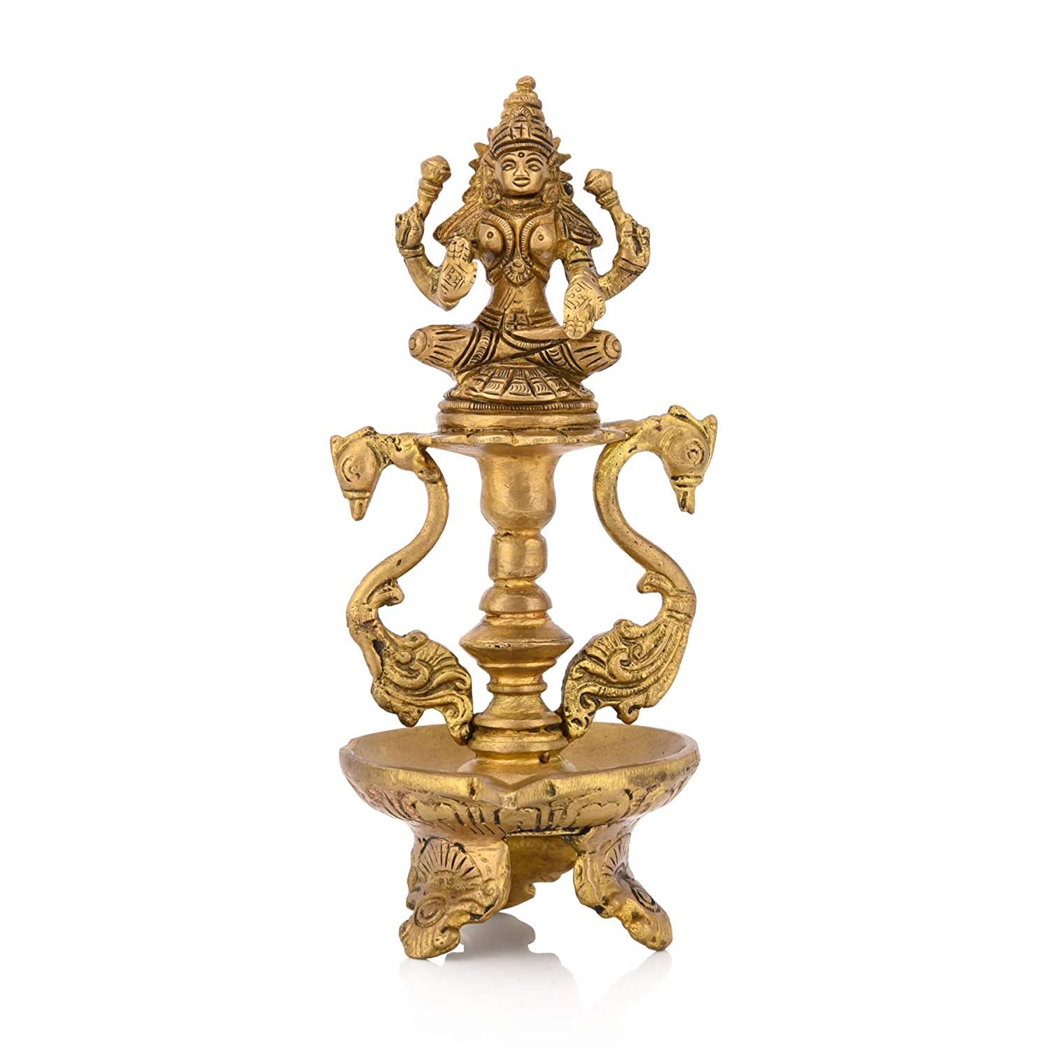 Brass Laxmi Idol Peacock Diya Oil Lamp Stand Showpiece
