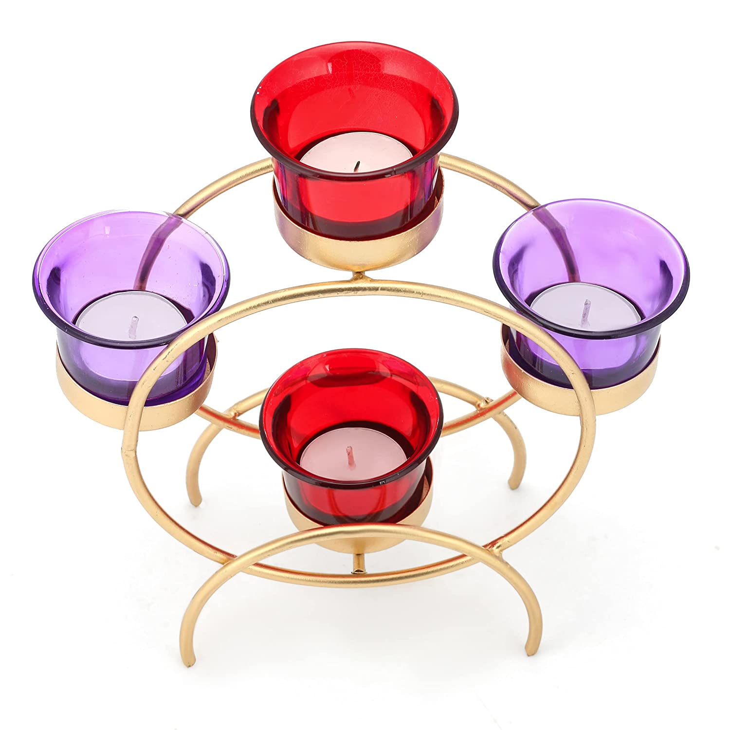 Iron Tealight Candle Holder With 4 Glass Cup Candles Stand Table Home Decor