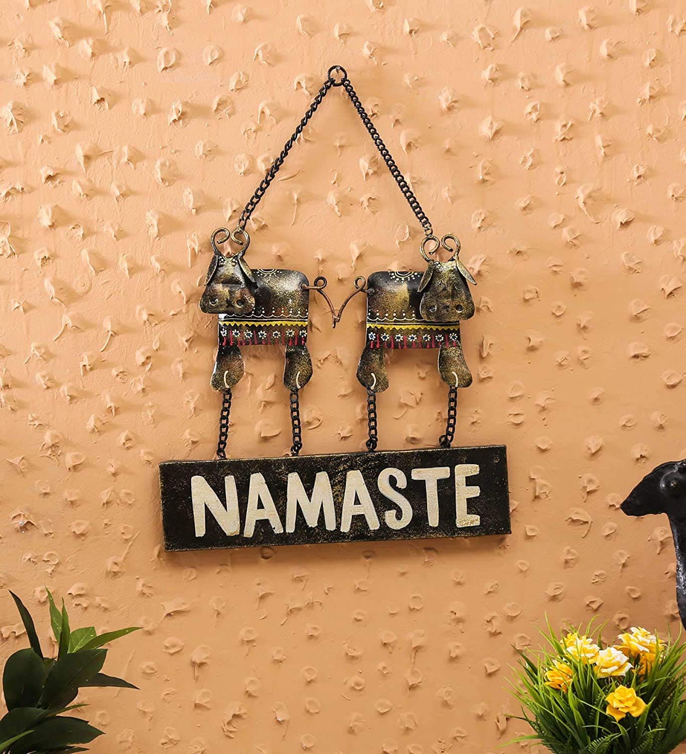 Twin Cow Namaste Board Metal Wall Door Hanging, Wall Art Decor, Wall Decoration Showpiece