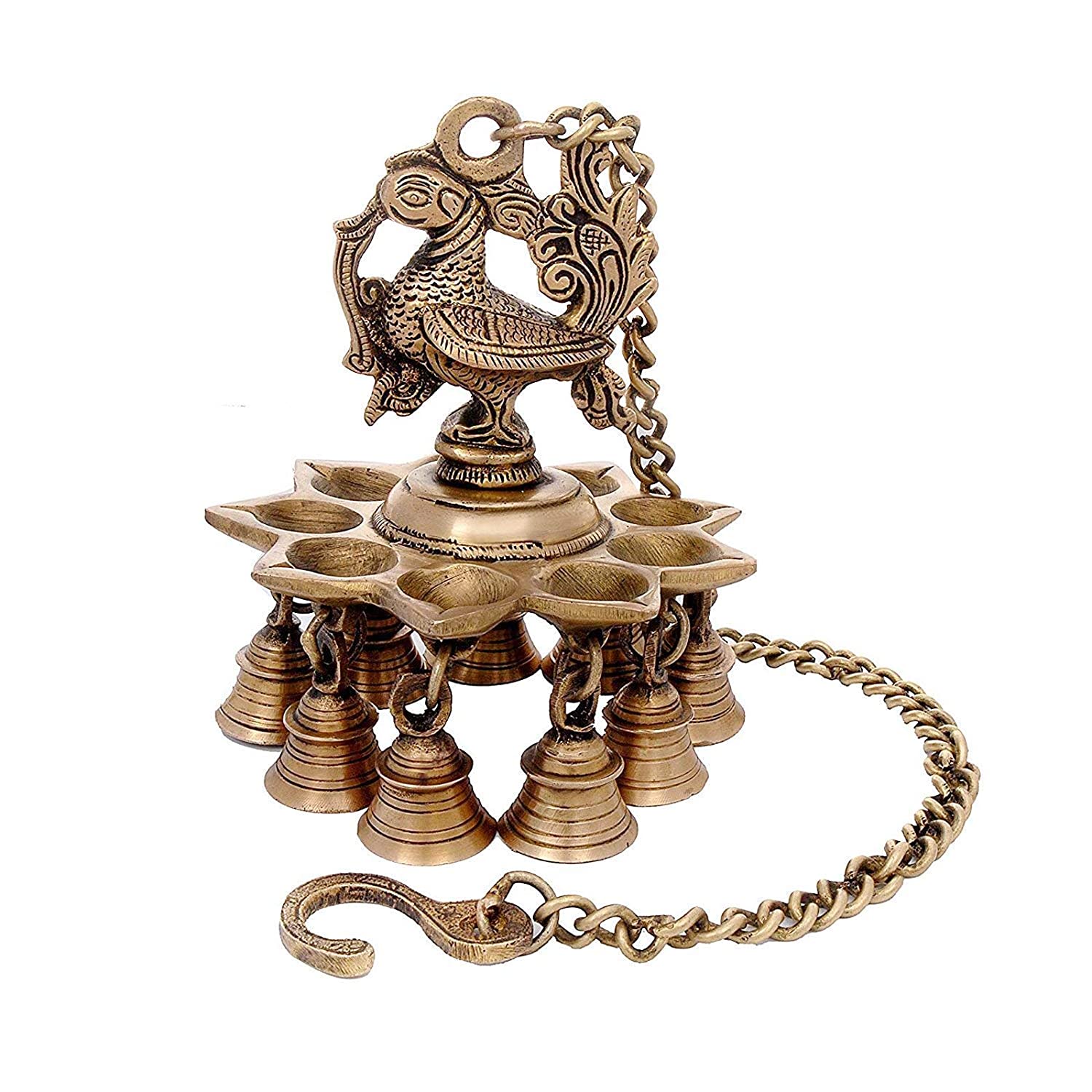 Brass Peacock Diya Oil Lamp With Bells Hanging Showpiece