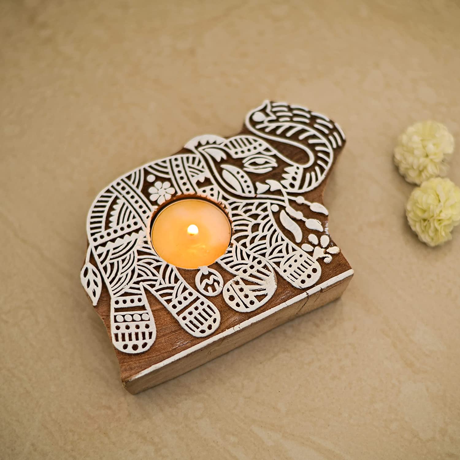 Wooden Elephant Tea Light Candle Holder (Set of 2)