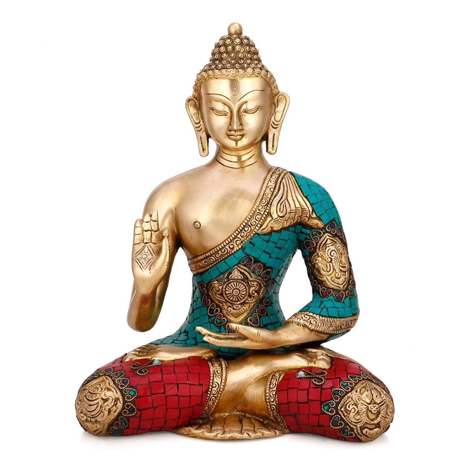 Brass Blessing Buddha Idol Turquoise Colorful Stones Showpiece Bts228