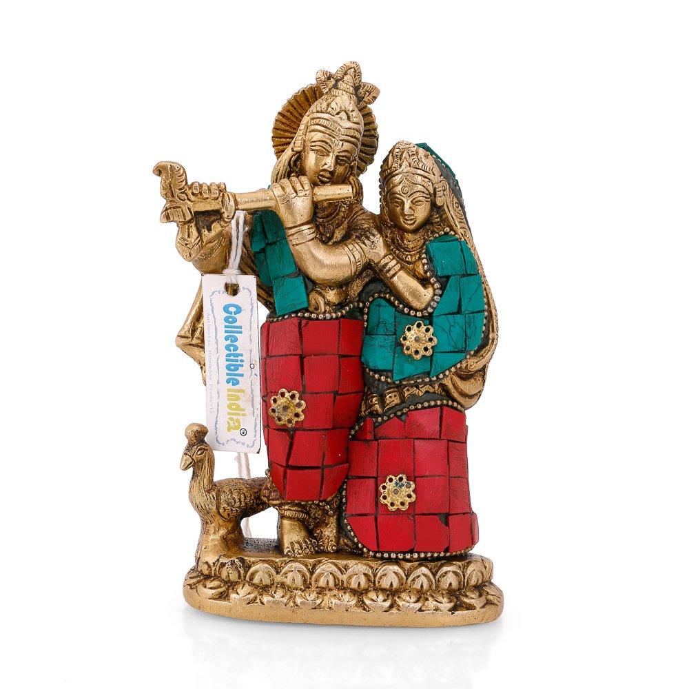 Radha Krishna Brass Divine Idol With Stone Work Figurine