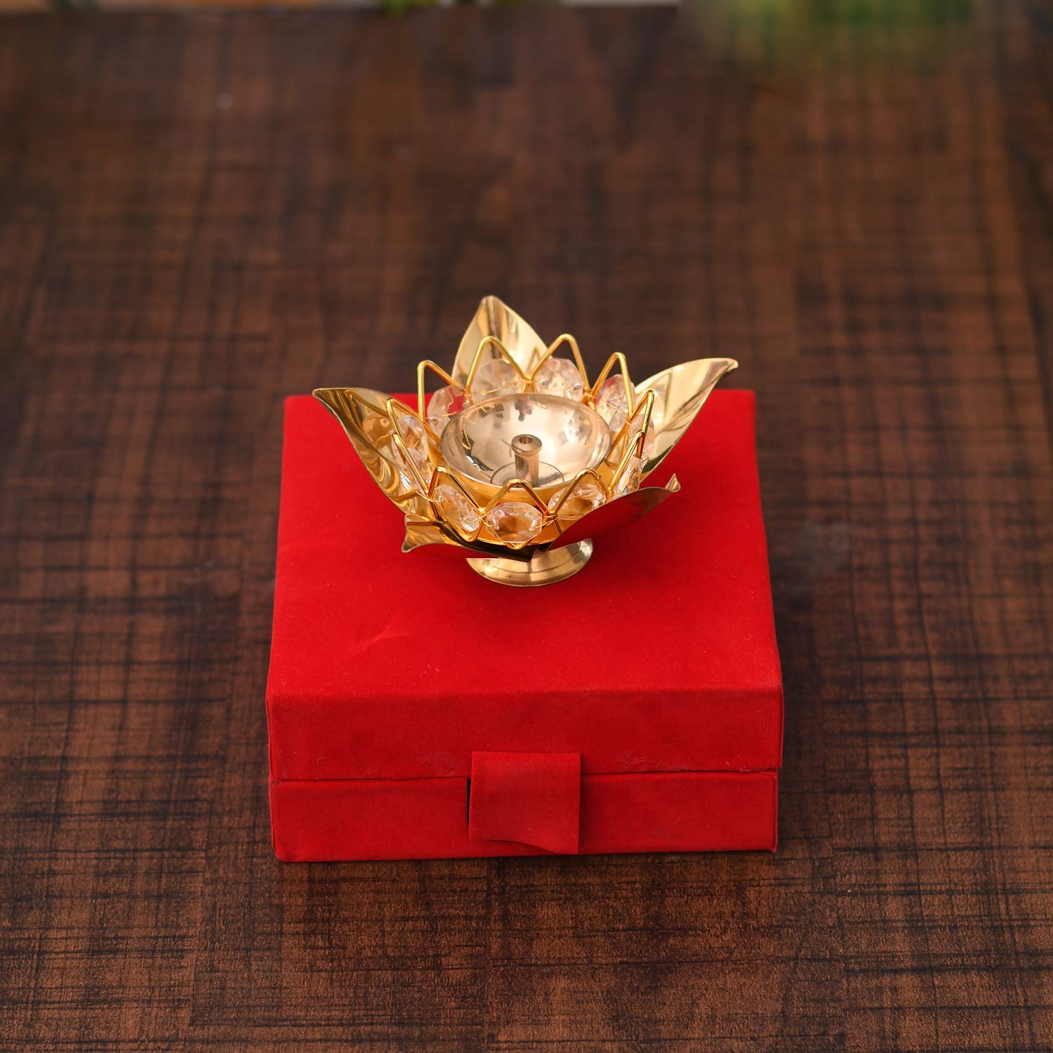Brass Crystal Lotus Shape Diya Deepak With Gift Box-Dfbs198