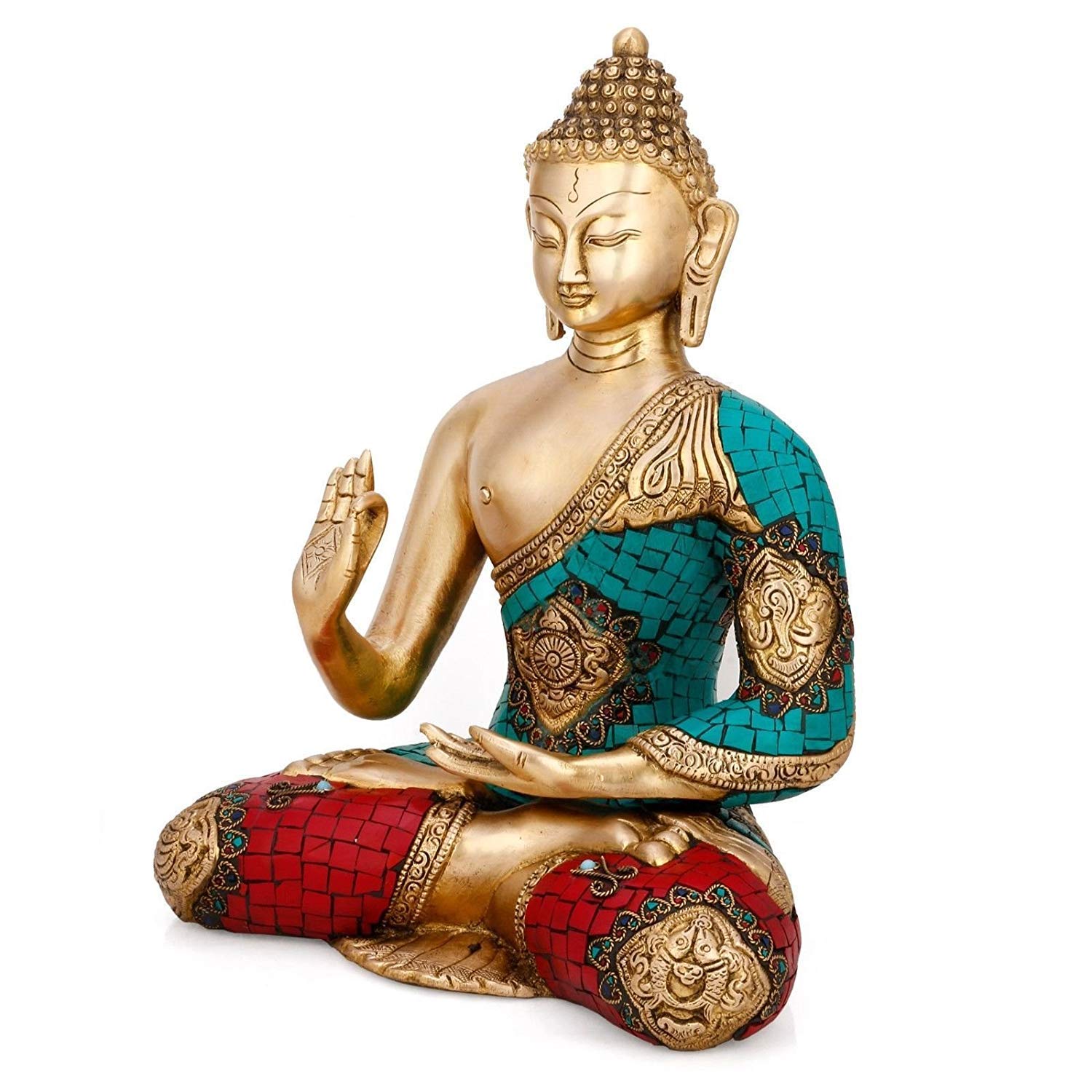 Brass Blessing Buddha Idol Turquoise Colorful Stones Showpiece Bts228