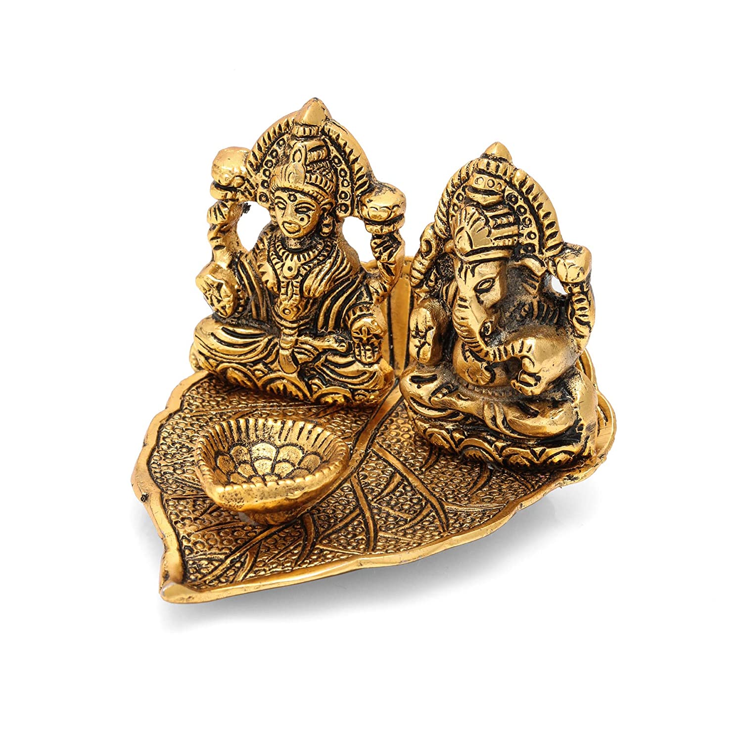 Metal Lakshmi Ganesha Idol Sitting On Leaf With Diya Oil Lamp Lgbs169