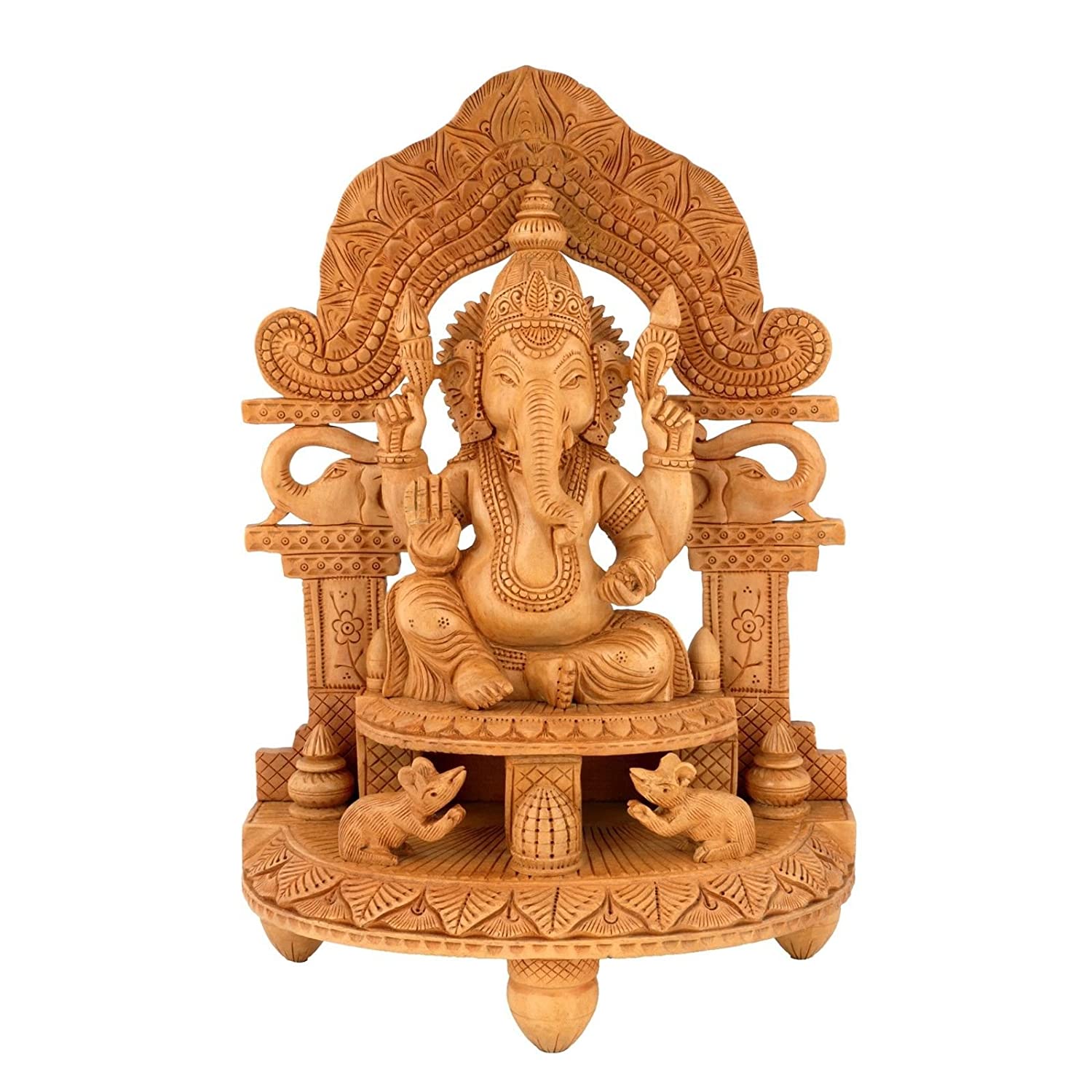 Lord Ganpati Sitting on Singhasan Wooden Figurine