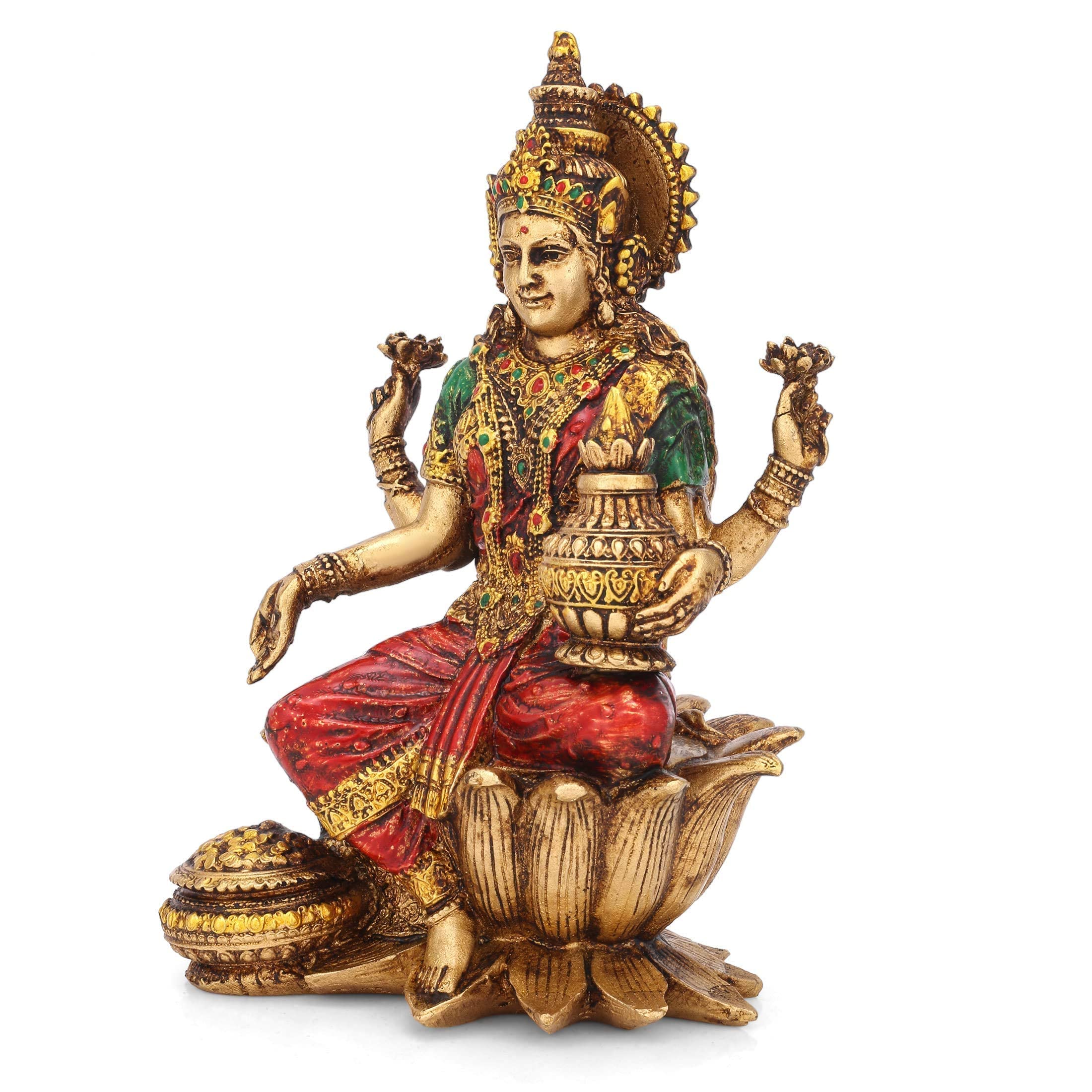 Goddess Lakshmi Devi Idol Sitting on Lotus Resin Statue