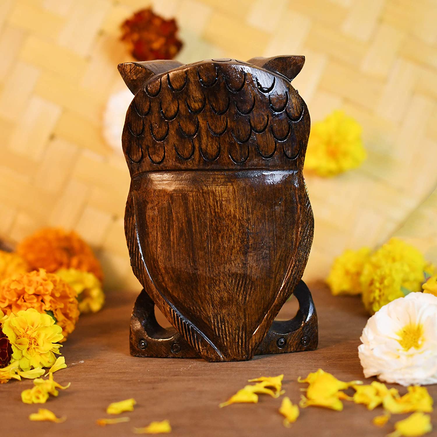 Wooden Carving Hand-painted Owl Statue With Multicolored