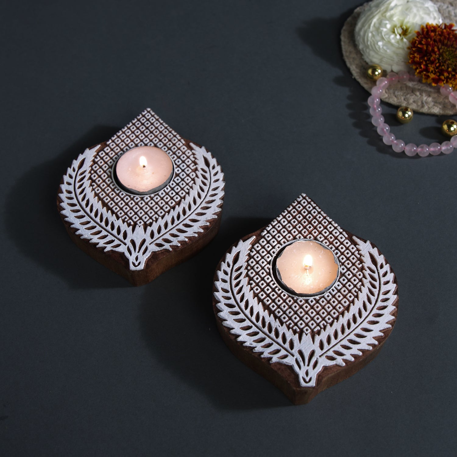 Wooden Block Printed Leaf Shaped Tealight Holder