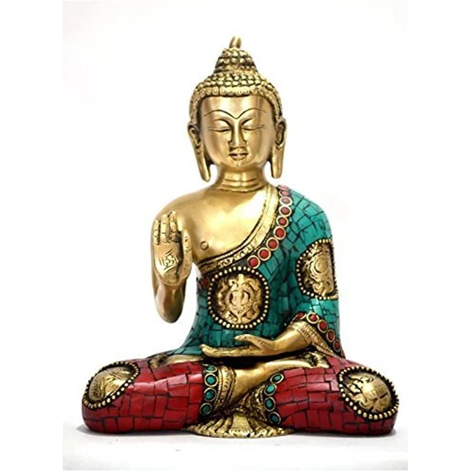 Multicolored Blessing Buddha Idols Turquoise Stone Brass Showpiece