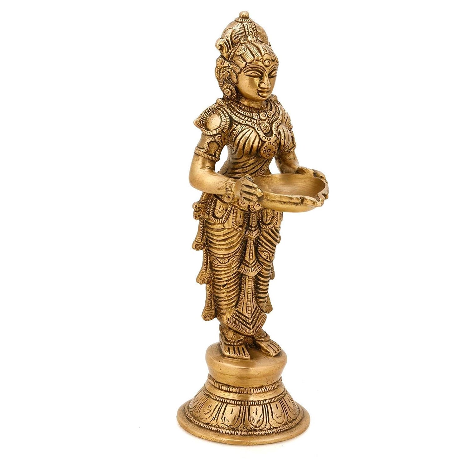 Brass Beautiful Lady Holding Diya Oil Lamp Stand Showpiece