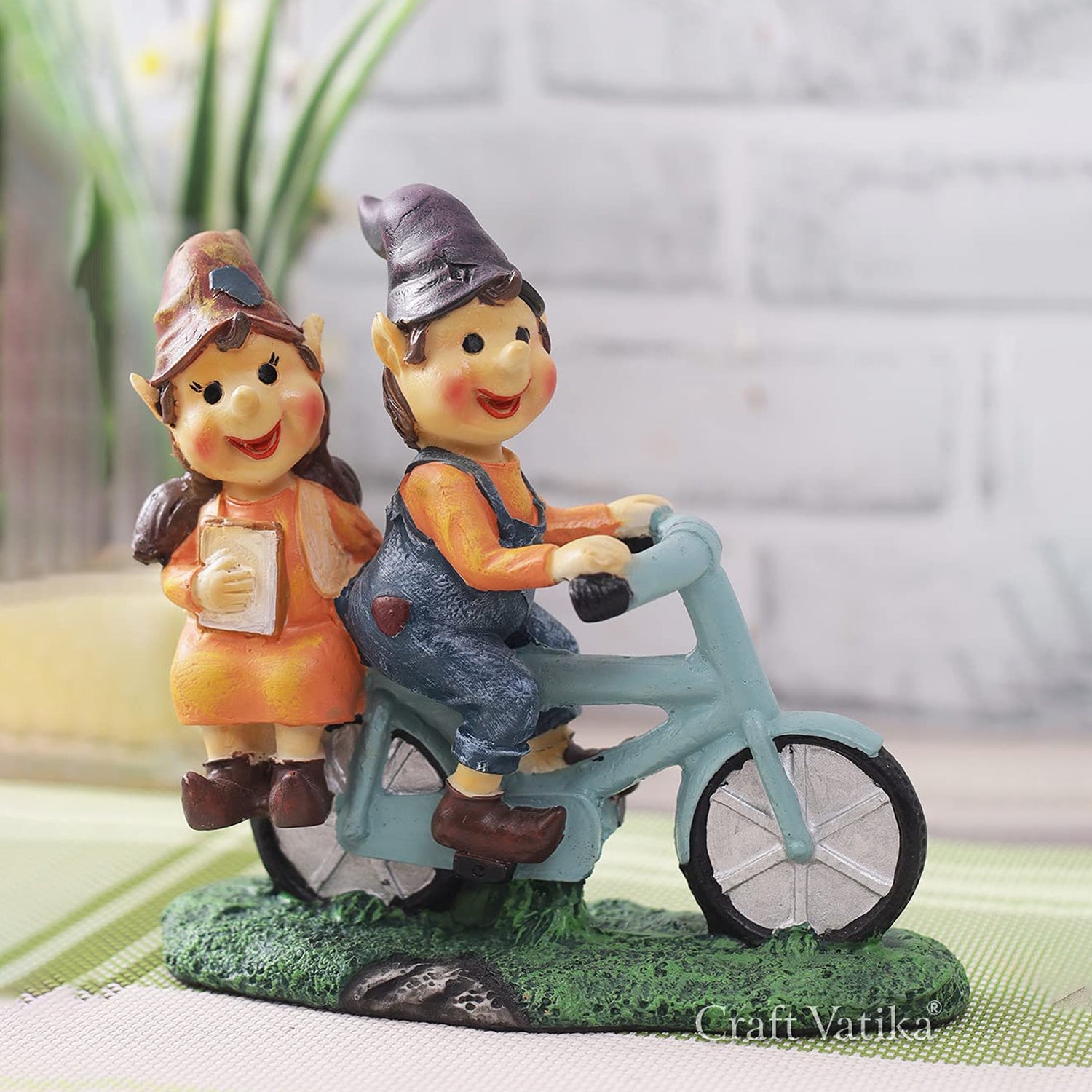 Cute Romantic Love Couple On Cycle Miniature Statue