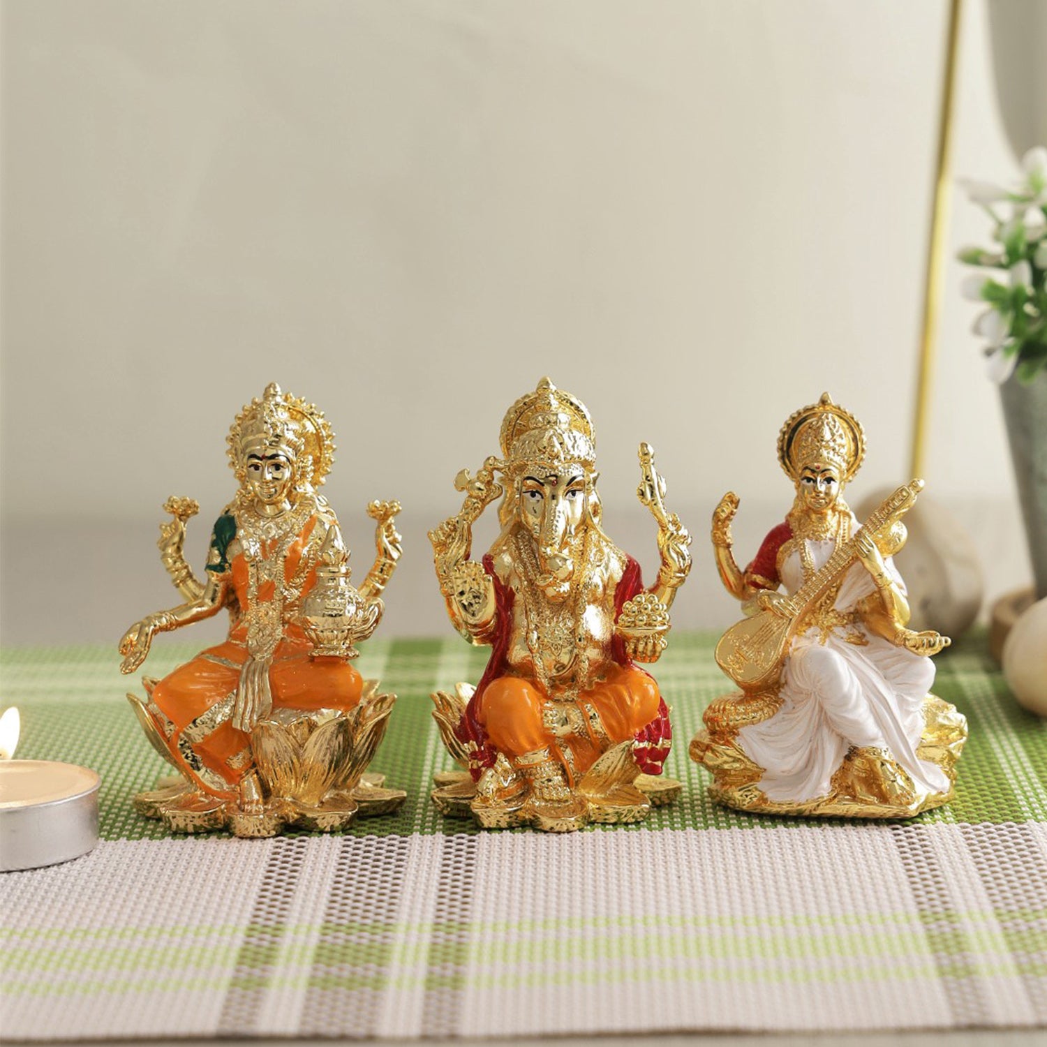 Hindu Deity Idol of Lakshmi-Ganesha-Saraswati Ceramic Idol