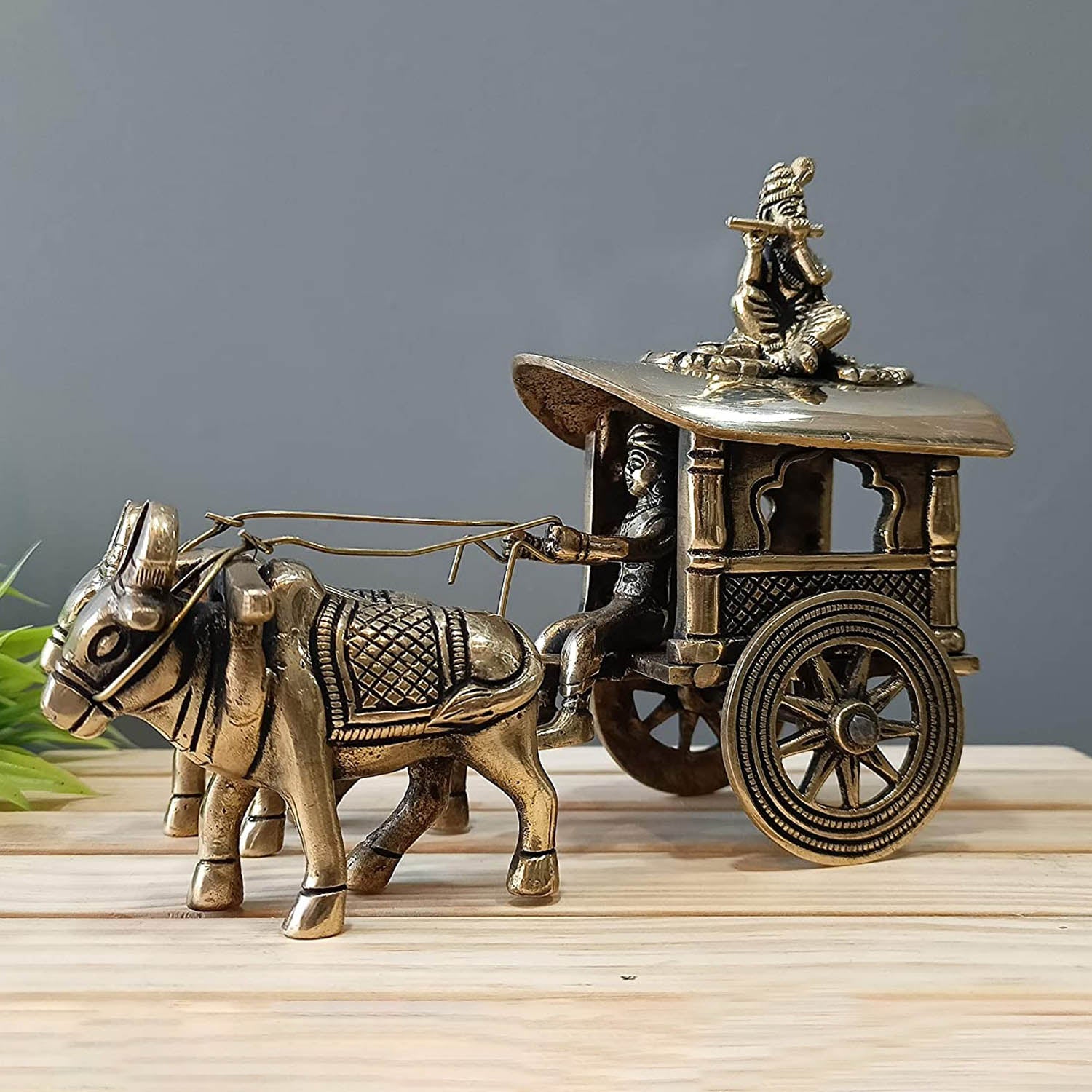 Brass Krishna & Arjuna Bullock Cart Rath Chariot Decorative Showpiece Statue