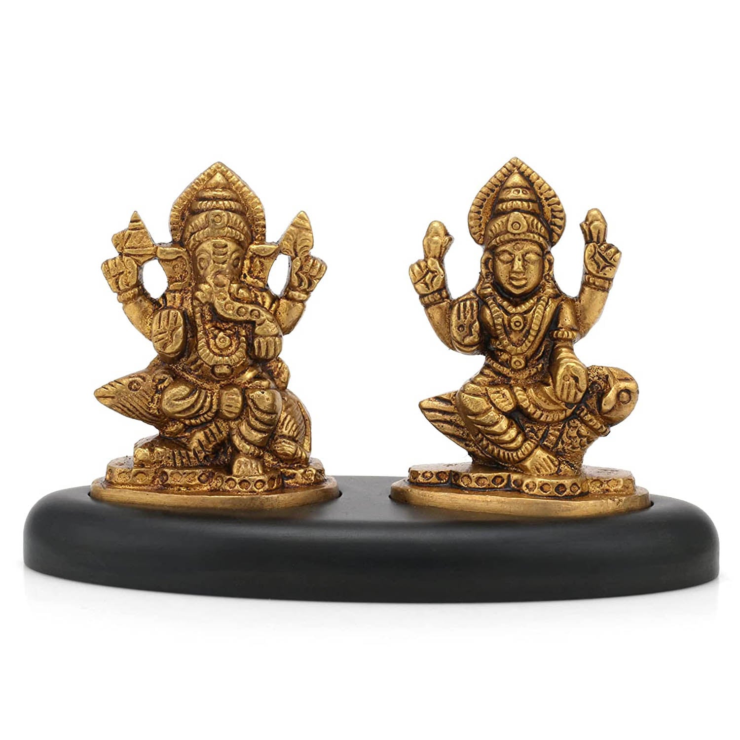 Laxmi Ganesh Brass Idol Murti Sitting On Wooden Base Statue