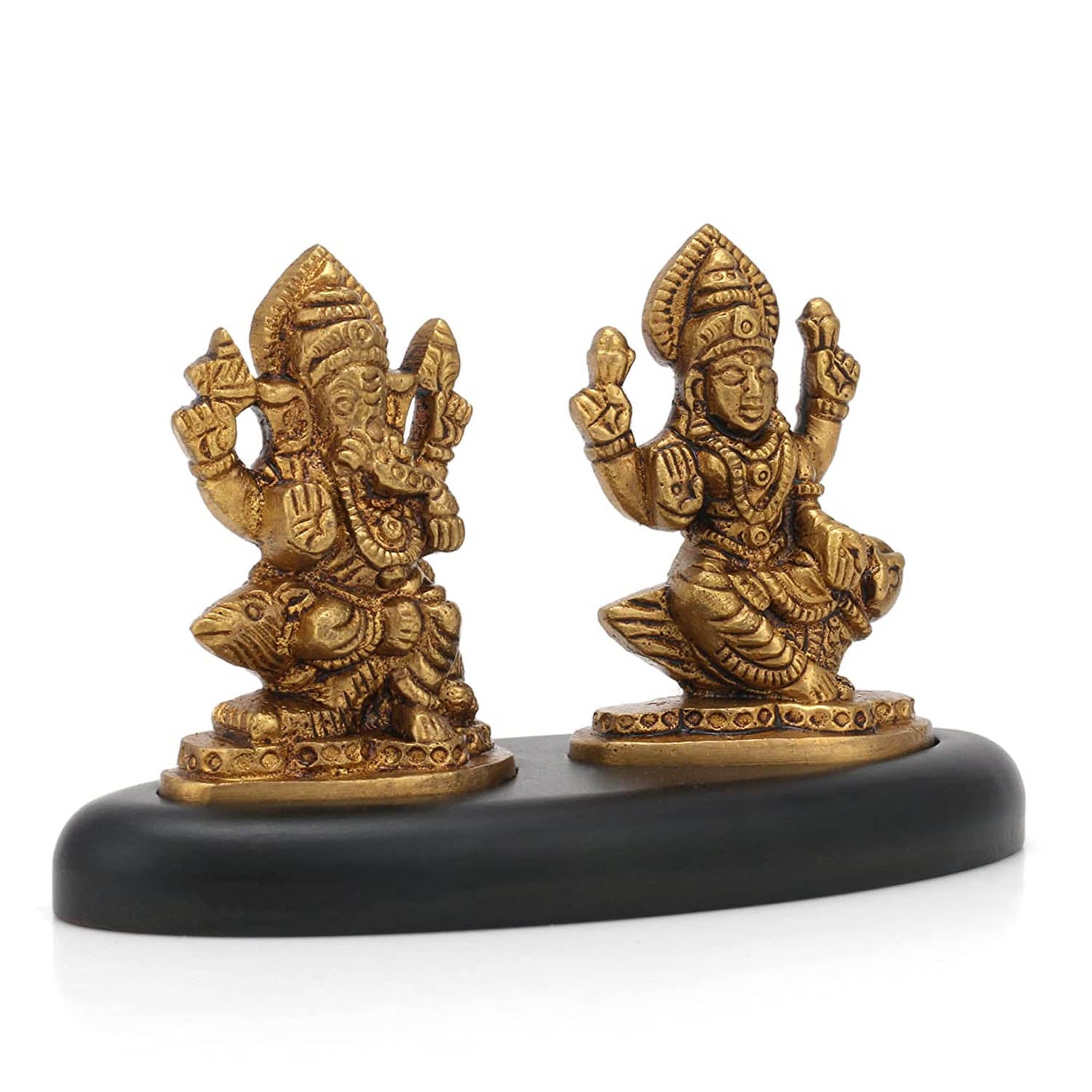 Laxmi Ganesh Brass Idol Murti Sitting On Wooden Base Statue