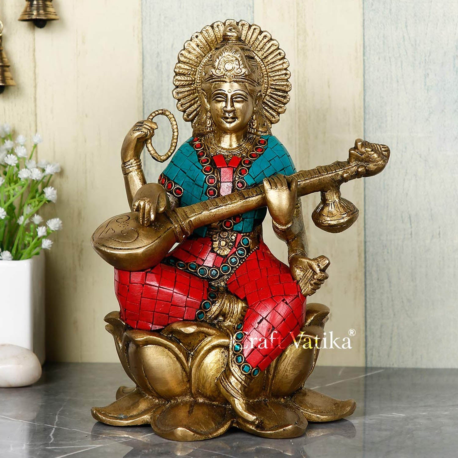 Goddess Maa Saraswati Idol Sitting on Lotus Brass Showpiece