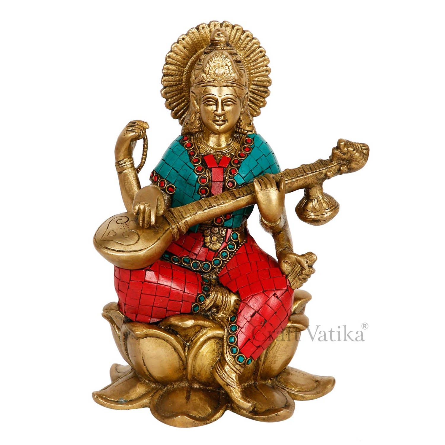 Goddess Maa Saraswati Idol Sitting on Lotus Brass Showpiece