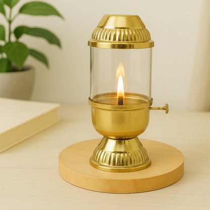 100% Pure Brass Akhand Diya with Adjustable bati Knob, Wick Lifting Screw Lever, Glass Cover  (DFBS569)