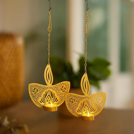 Tealight Candle Holder Set of 2, Diwali Decoration Items,Diya Design Tlight Candle Holder for Home Wall Hanging Decorations(TCMH484-1BOX)