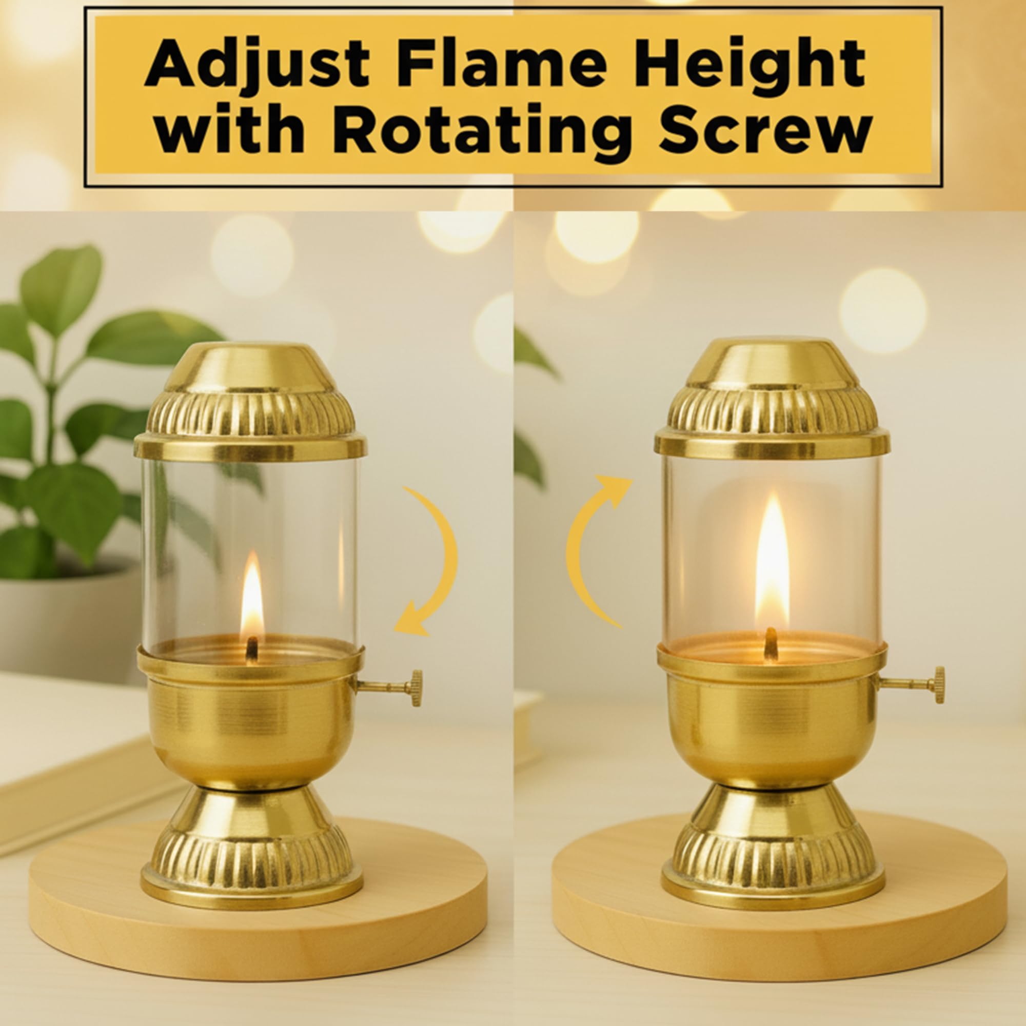 100% Pure Brass Akhand Diya with Adjustable bati Knob, Wick Lifting Screw Lever, Glass Cover  (DFBS569)