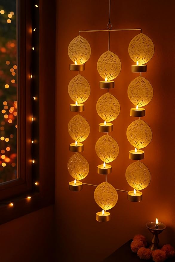 Tealight Candle Holder,Festiv Diwali Decor Items, Wall Mounted Hanging Iron Leaf Design Tealight Candle Holder Stand Frame for Home Christmas Diwali Decoration Items, Wall Decor Items(TCMH491-1BOX)
