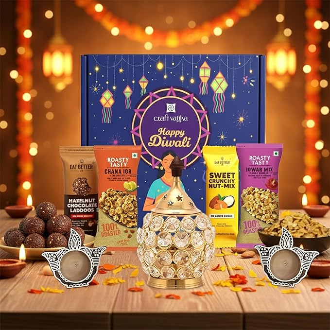 Diwali Gift Hamper with Crystal Brass Diya for Diwali - 9 Item Gift Pack - Hazelnut Chocolate Laddoo, Roasted Chana Jor (DIHAMP137)