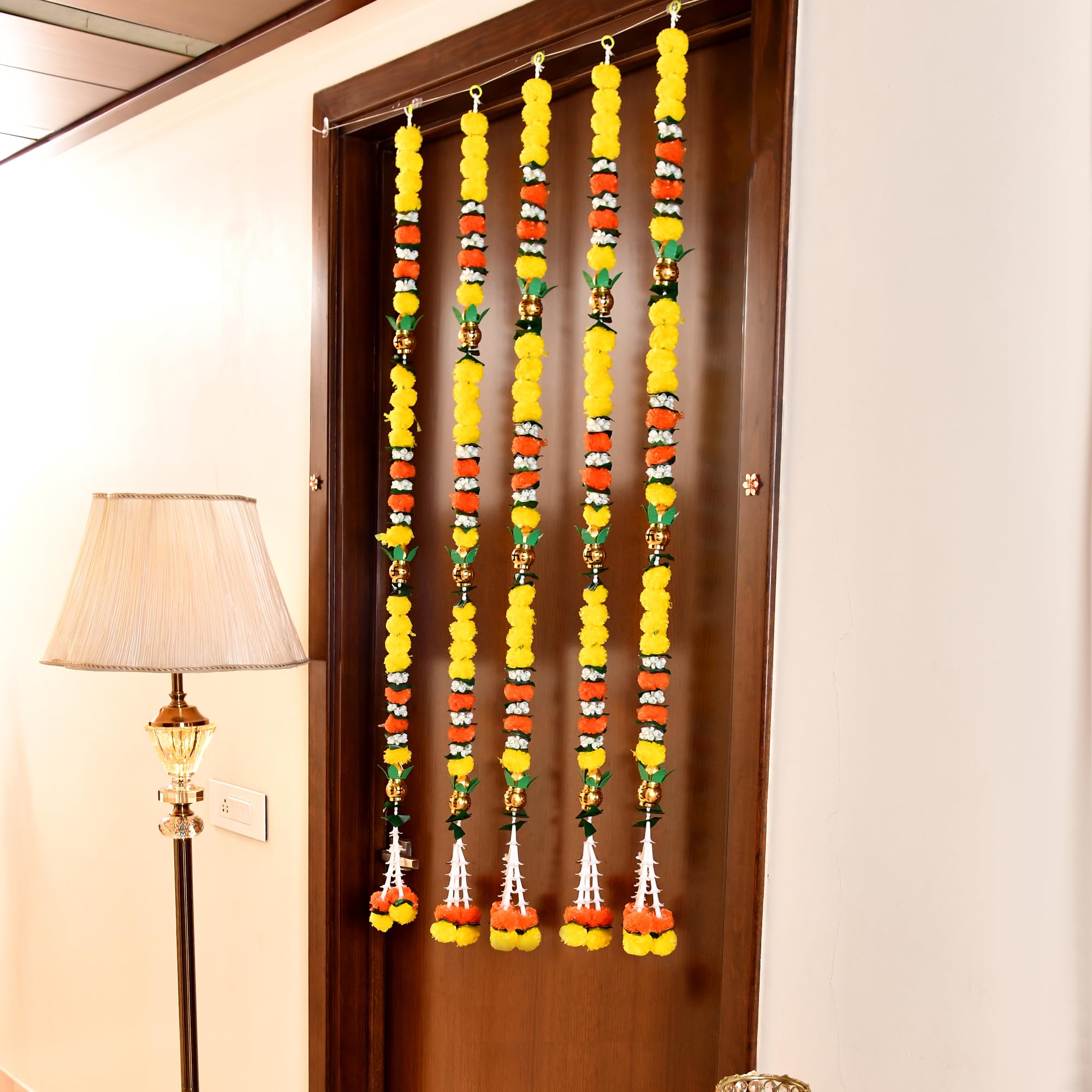 Pack of 5 Artificial Fluffy Marigold Flower Mogra Jasmine Strings Hanging Latkan ( LTKN153-5 )