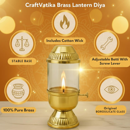100% Pure Brass Akhand Diya with Adjustable bati Knob, Wick Lifting Screw Lever, Glass Cover  (DFBS569)