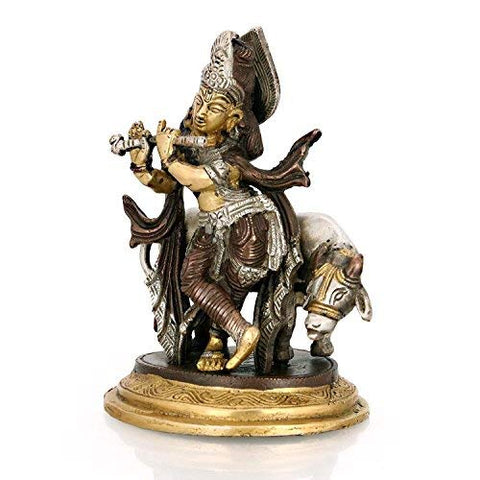 Brass Lord Krishna Playing Flute With Cow Kbs106