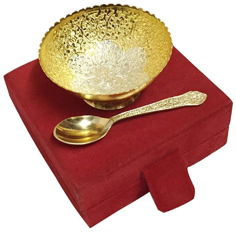 Royal Gold & Silver Plated Bowl Set with Spoon & Beautiful Red Velvet Box