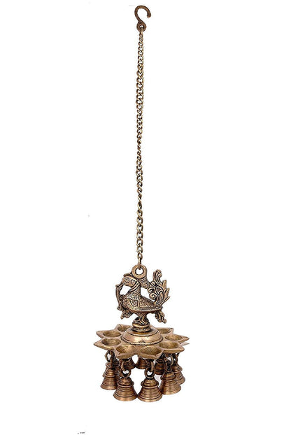Brass Peacock Diya Oil Lamp With Bells Hanging Showpiece 
