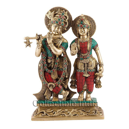 Radha Krishna Brass Statue With Work of Inlay Gemstones