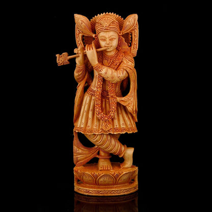Krishna Playing flute Sculpture - Home Decor Wooden Statue