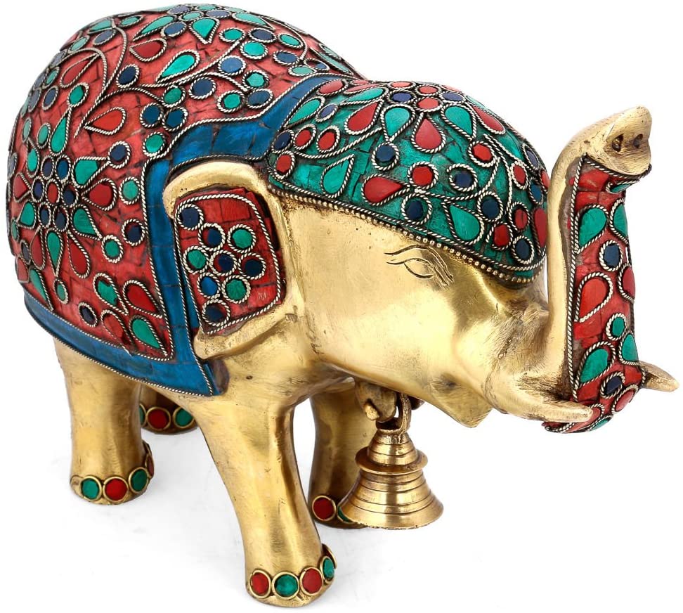 Brass Trunk up Elephant Sculpture Statue with Stone Work