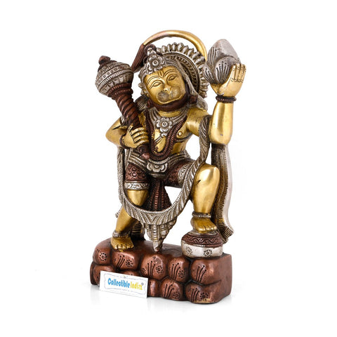 Lord Hanuman Brass Idol Holding Sanjeevani Booti Mountain Statue 