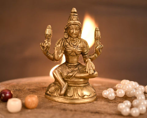 Brass Blessing Laxmi Idol Sitting On Round Base Statue 