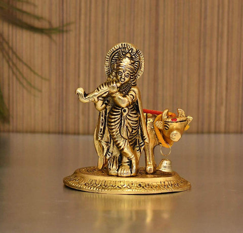 Metal Krishna Idols With Cow Showpiece Kbs148