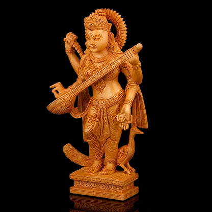 Goddess Saraswati Standing Wooden Handmade Idol