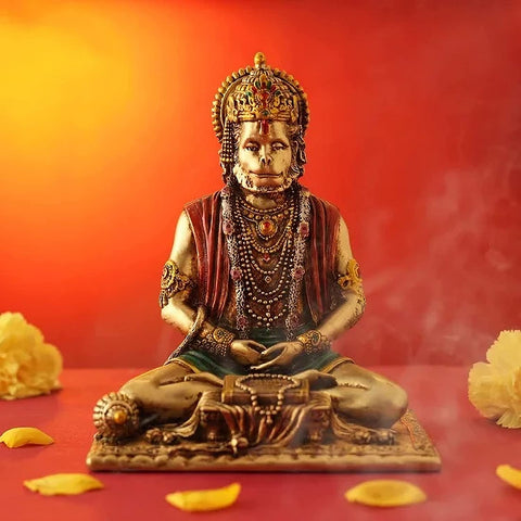 Resin Lord Hanuman Meditating Statue (Gold Finish)